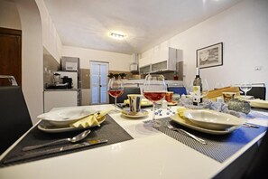 Microwave, oven, toaster, cleaning supplies