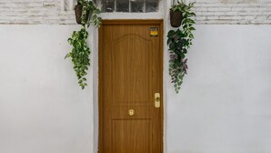 Una puerta de madera con manija de latón y cerradura, adornada por plantas colgantes.