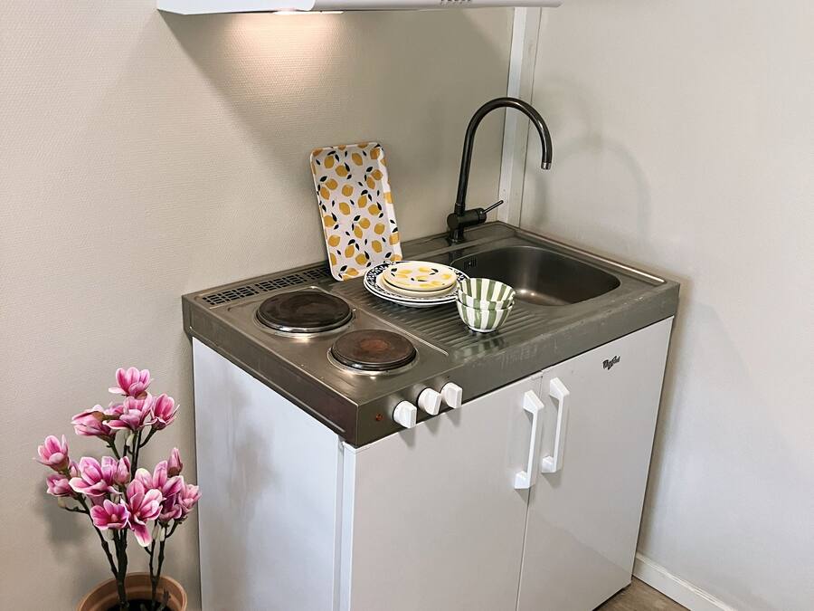 A compact kitchenette with a gas stove, sink, and storage cabinets.