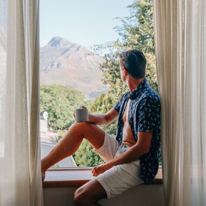A person sitting by a window with a view of mountains and greenery.