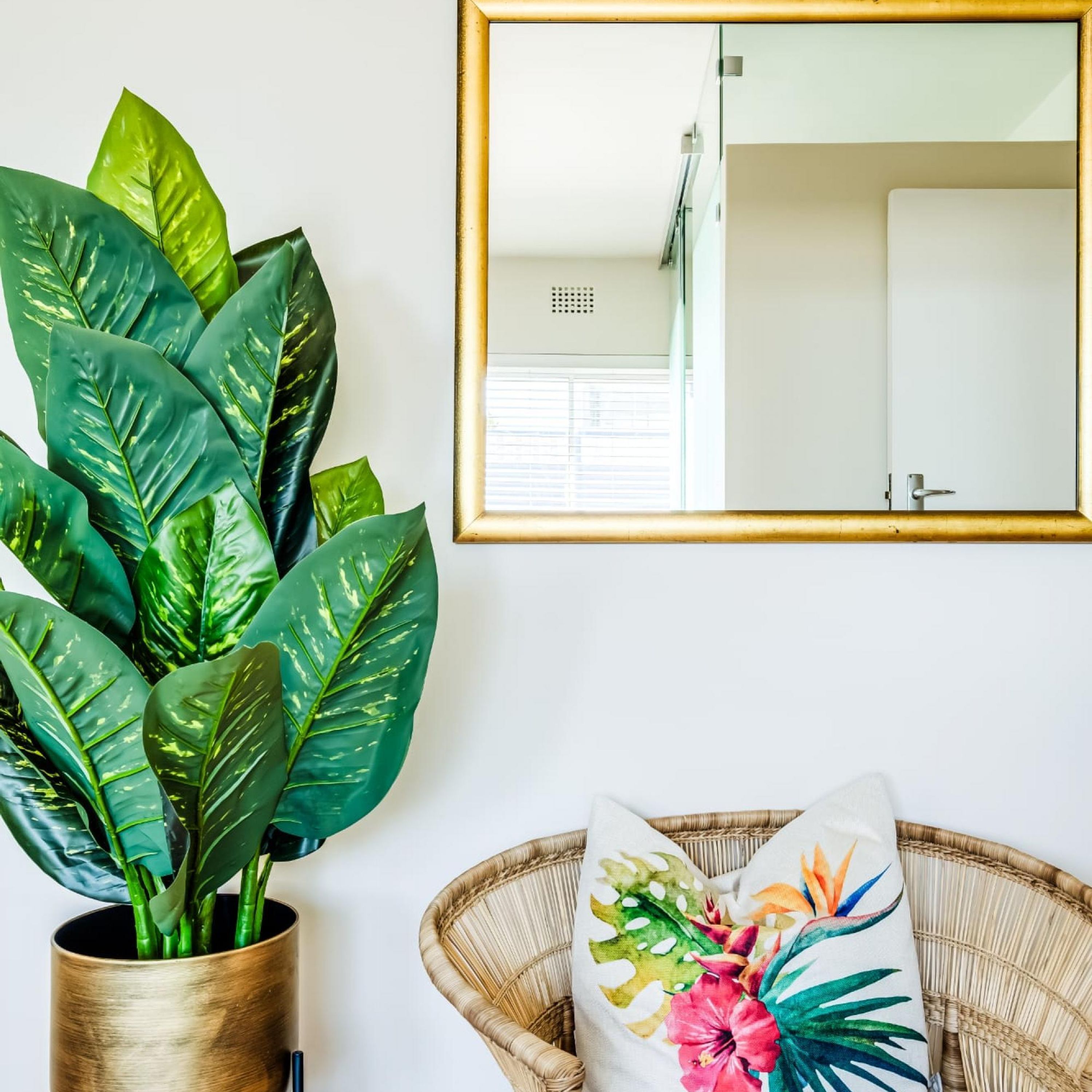 A room with a large potted plant, a wicker chair with a floral pillow, and a mirror on the wall.