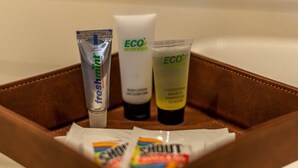 A brown leather toiletry bag containing three toiletry items: a tube of fresh mint toothpaste, a body lotion, and a conditioner. - Deer Creek Tiny Container Home-12 Min to Magnolia (Waco)