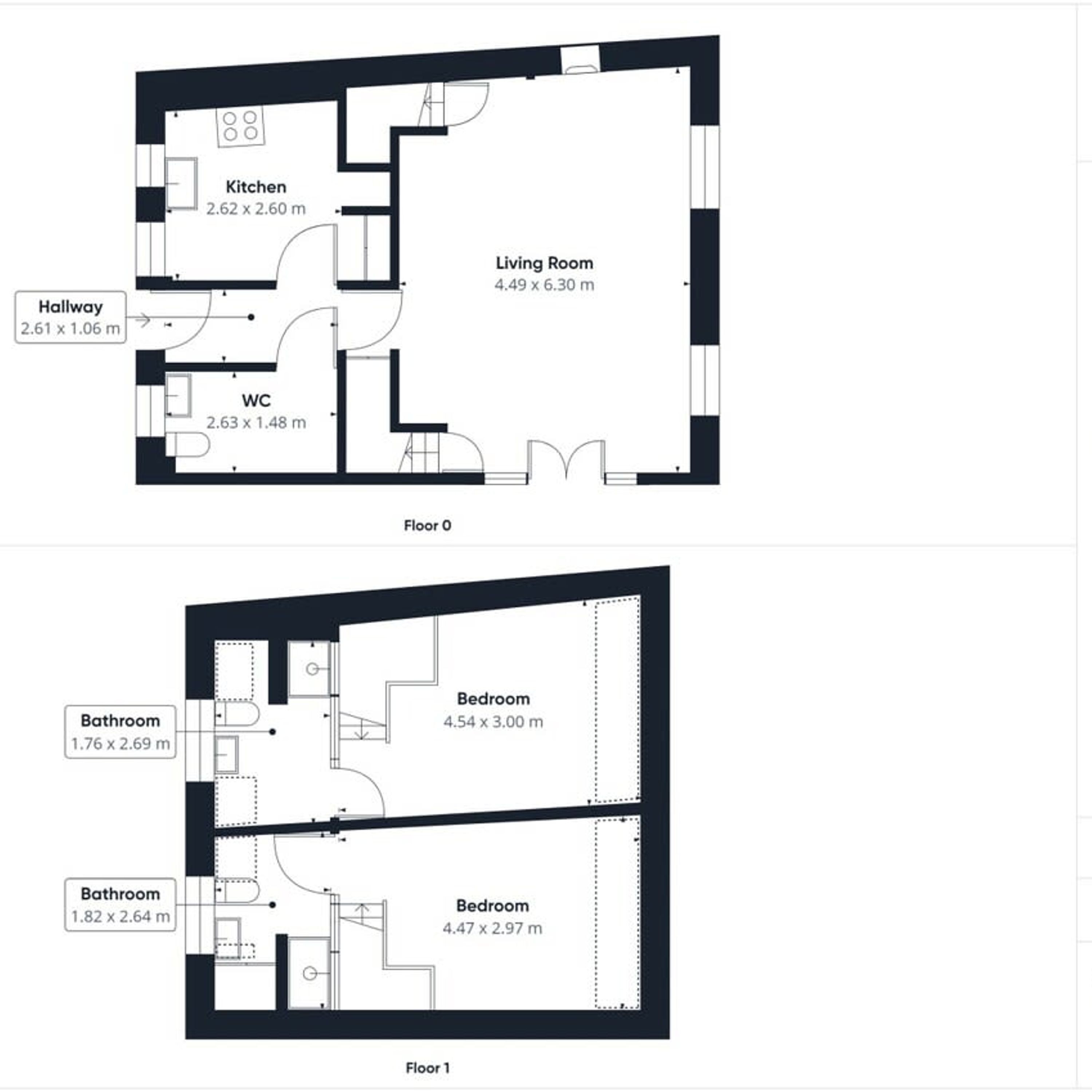 A floor plan of a two-story building with a kitchen, living room, WC, and two bathrooms.
