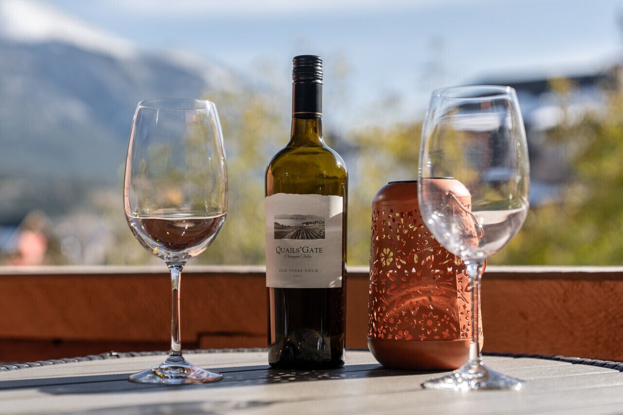 A table with two wine glasses and a bottle of Quail's Gate Old Vines Foch 2003 wine, set against a scenic mountain backdrop.