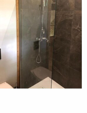 Regadera, secadora de cabello, toallas, papel de baño 