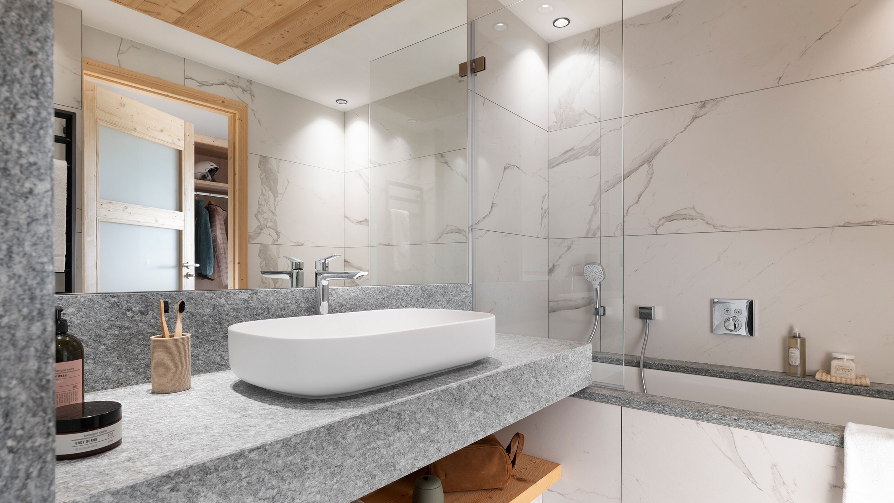 Deluxe-Zimmer, Talblick | Badezimmer | Duschwanne, Bademäntel, Hausschuhe, Handtücher