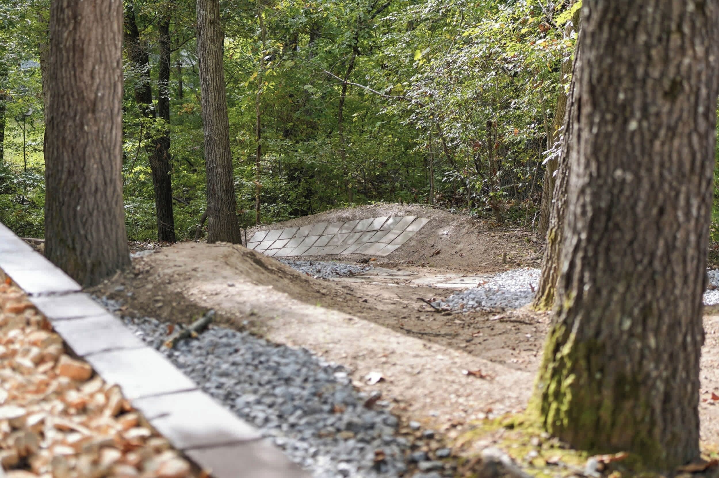 Un chemin de terre bordé d’une bordure en béton, entouré d’arbres.