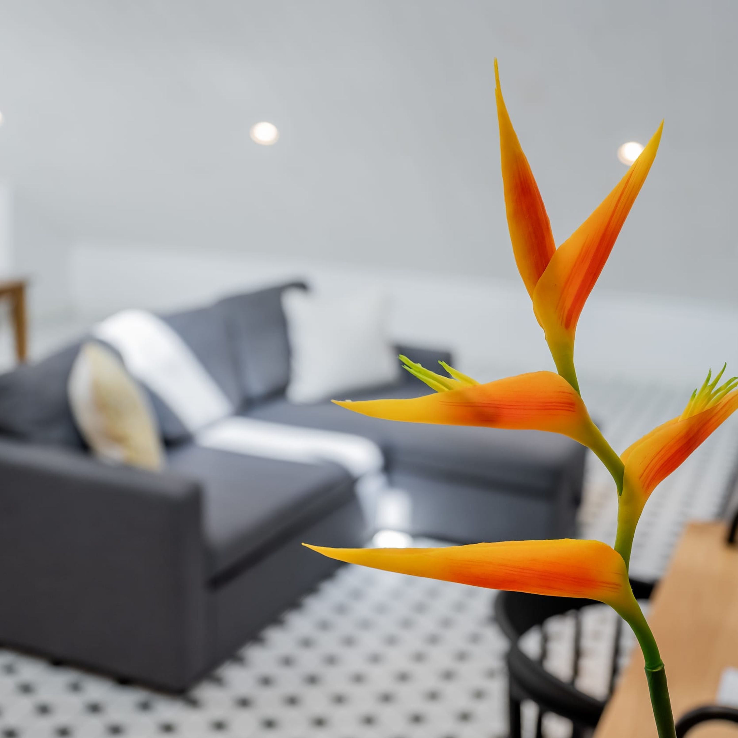 Een moderne woonkamer met een grijze bank en een vloer met een patroon.