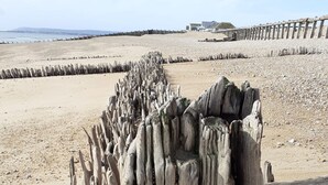 A beach with wooden structures and a distant view of a building. - The Crabshack Cottage Normans Bay Pevensey (Pevensey)