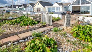 A row of modern beach houses with large windows, a garden area with plants, and a clear sky.
