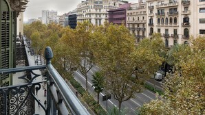 Vista de un paisaje urbano con edificios históricos, un edificio moderno y una calle con árboles y una pasarela peatonal.