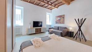 Une chambre avec un grand lit, un canapé, une télévision et un radiateur.