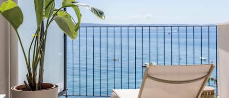 Een balkon met een bloempot, een lounge stoel en uitzicht op zee.