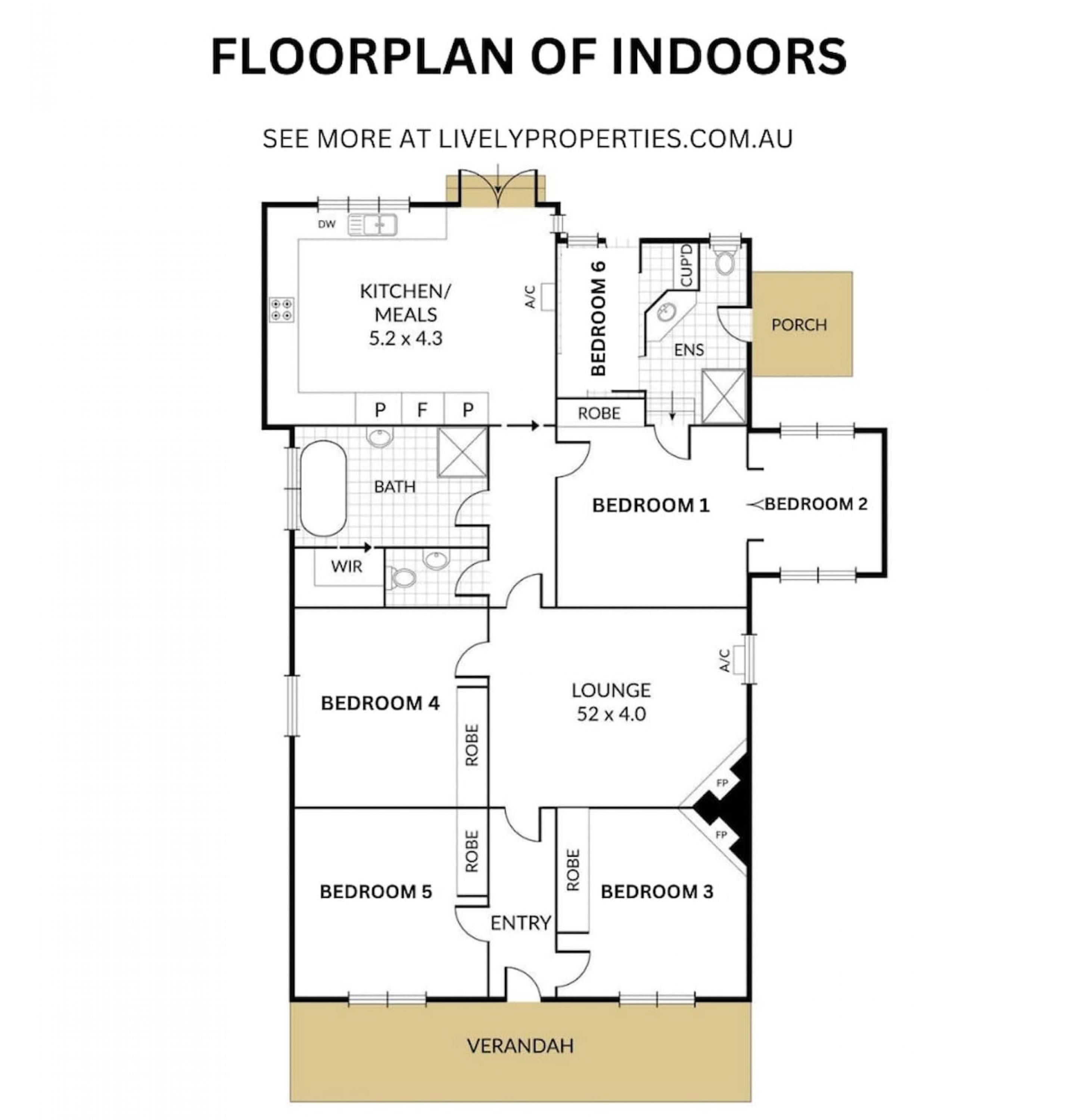 A floor plan of an indoor property with a kitchen, two bedrooms, a lounge, a bathroom, and a veranda.