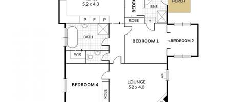 A floor plan of an indoor property with a kitchen, two bedrooms, a lounge, a bathroom, and a veranda.