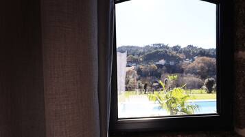 A window with a view of a pool and a hilly landscape.