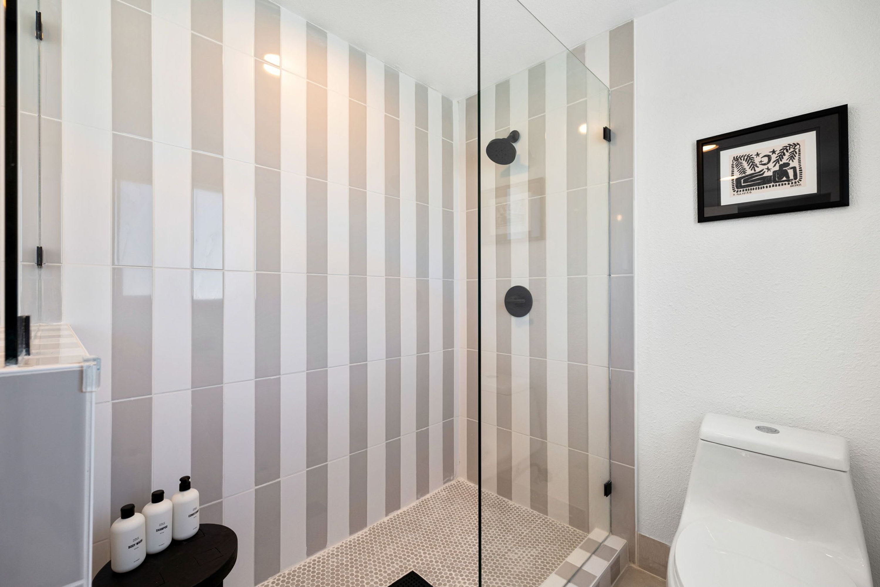 Et moderne badeværelse med et glasbruseafsnit, et toilet og et billede i ramme på væggen.