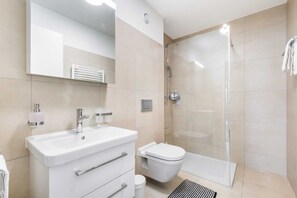 Douche, sèche-cheveux, serviettes fournies, shampoing