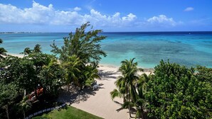 A tropical beach with clear turquoise waters, palm trees, and a distant shoreline. - Luxury Penthouse Condo With 360 Oceanviews (Seven Mile Beach)