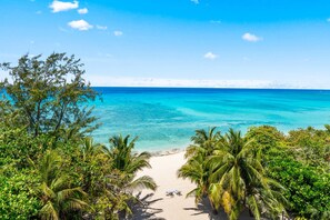 Una playa con agua turquesa cristalina, palmeras y un camino de arena que conduce a la orilla.