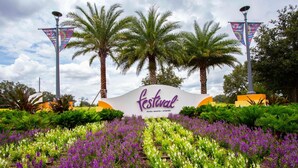 Opastekyltti, jossa lukee ”Festival Minto Resorts”, ja se sijaitsee Orlandossa. Etualalla on puutarha, jossa on violetteja ja valkoisia kukkia.