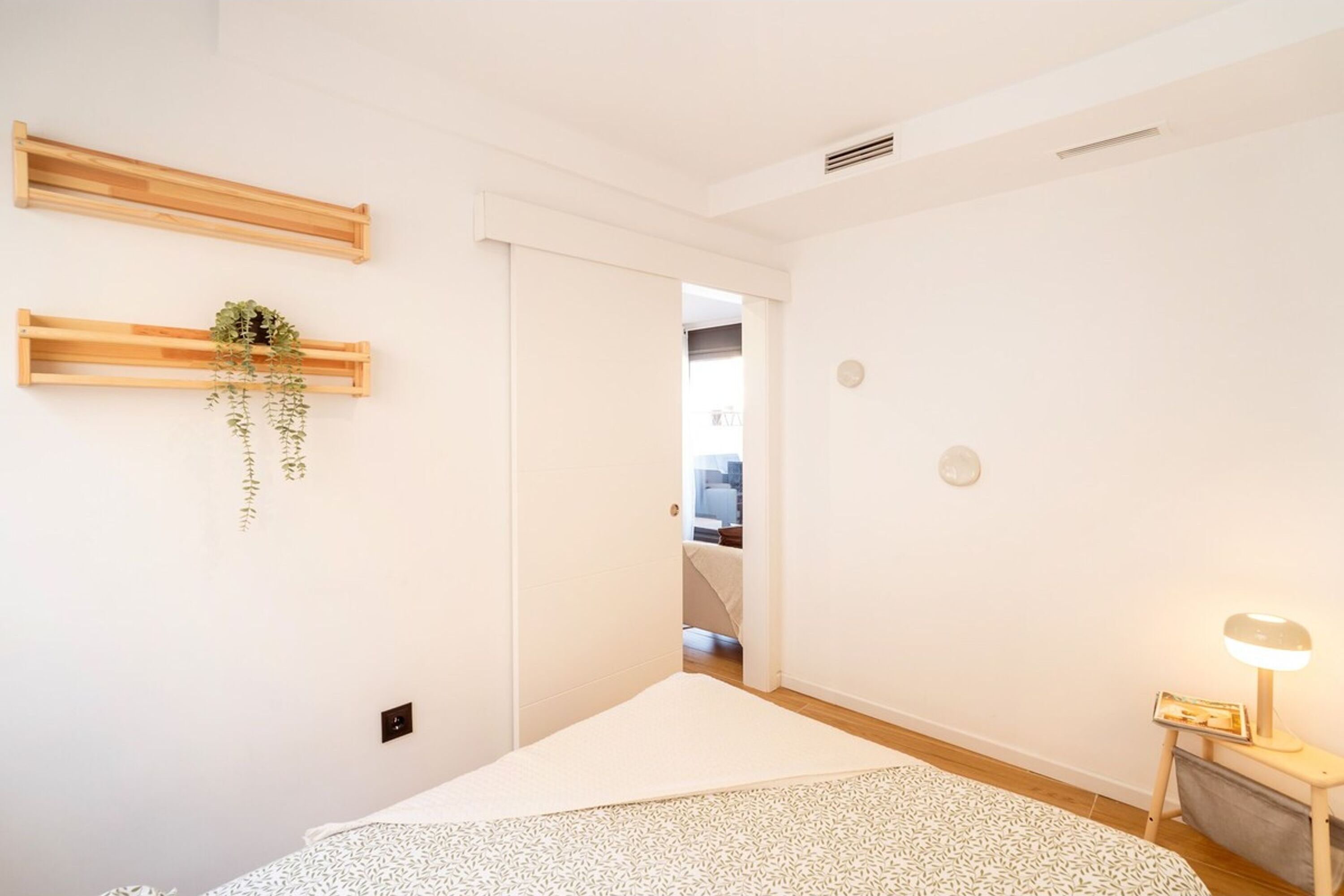 A minimalist bedroom with a bed, a bedside lamp, and a small plant on a shelf.