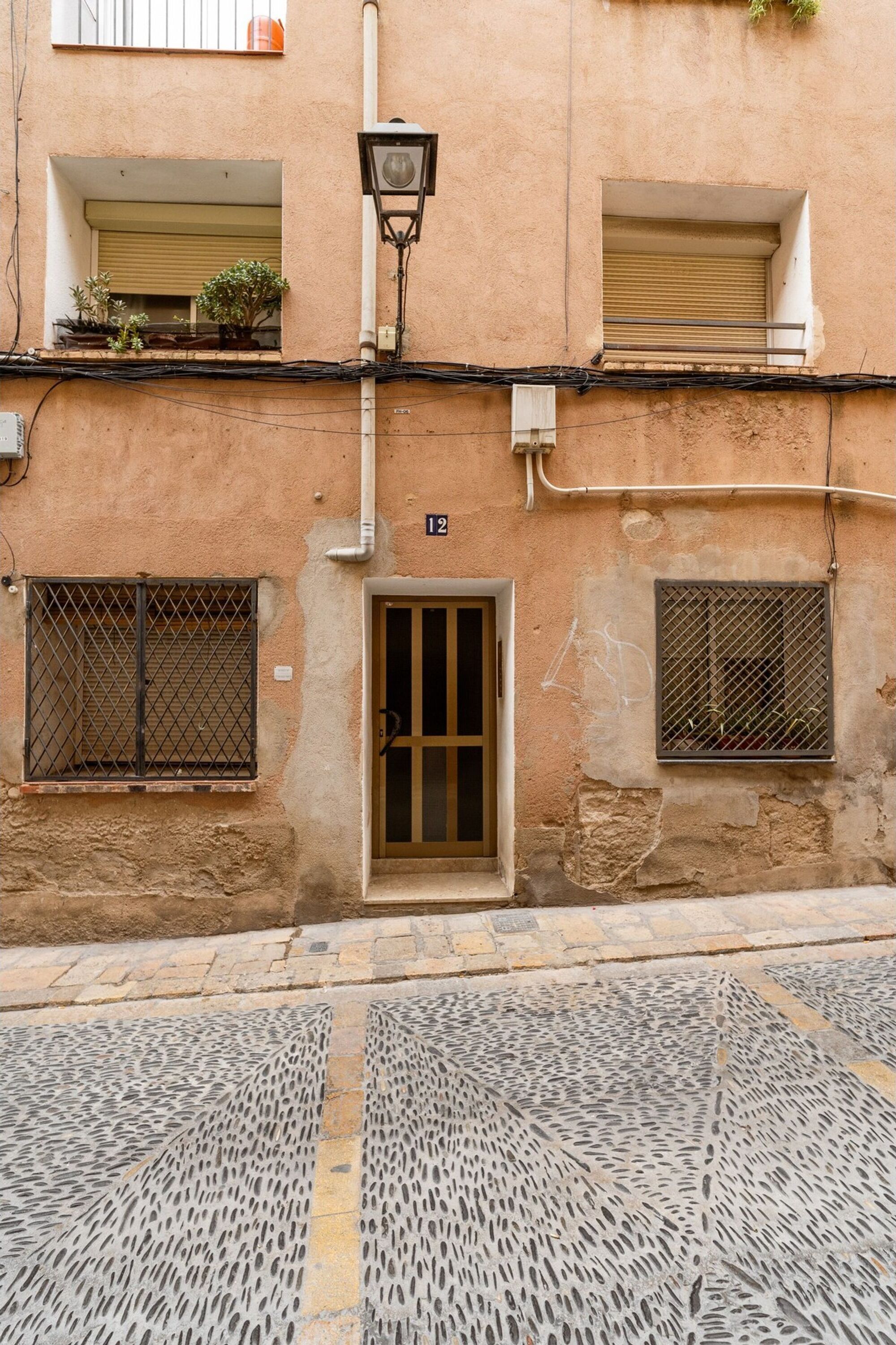 Fachada de edificio con una puerta central, dos ventanas con rejas de metal y un pequeño balcón con plantas.