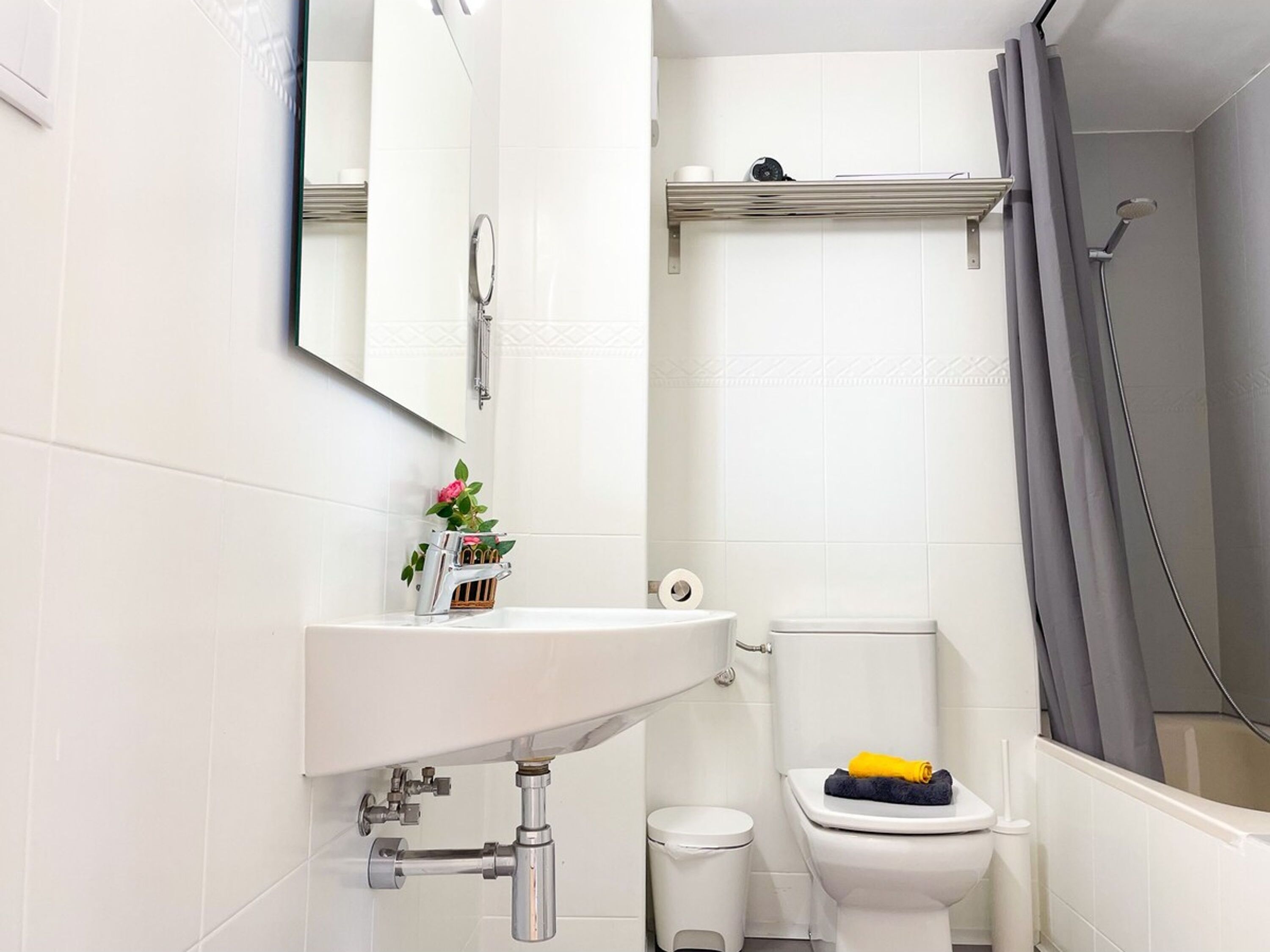 A bathroom with a white sink, a toilet, a shower, and a mirror.