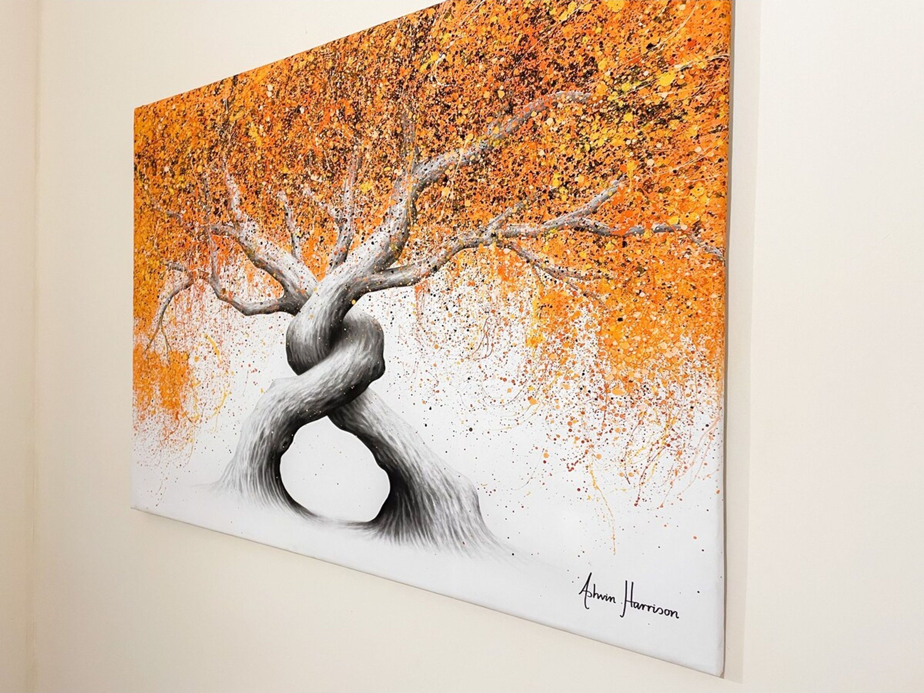 A painting of a tree with a twisted trunk and branches, signed by the artist.