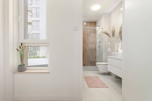 Shower, hair dryer, shampoo