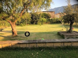 Un patio trasero con césped, un columpio de neumático, un pequeño árbol y una valla de madera.