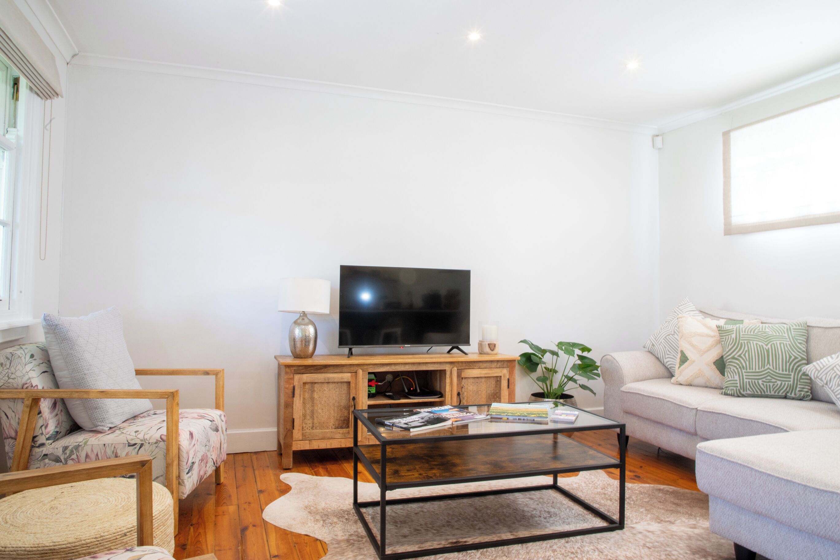 A living room with a television, sofa, coffee table, and a plant.