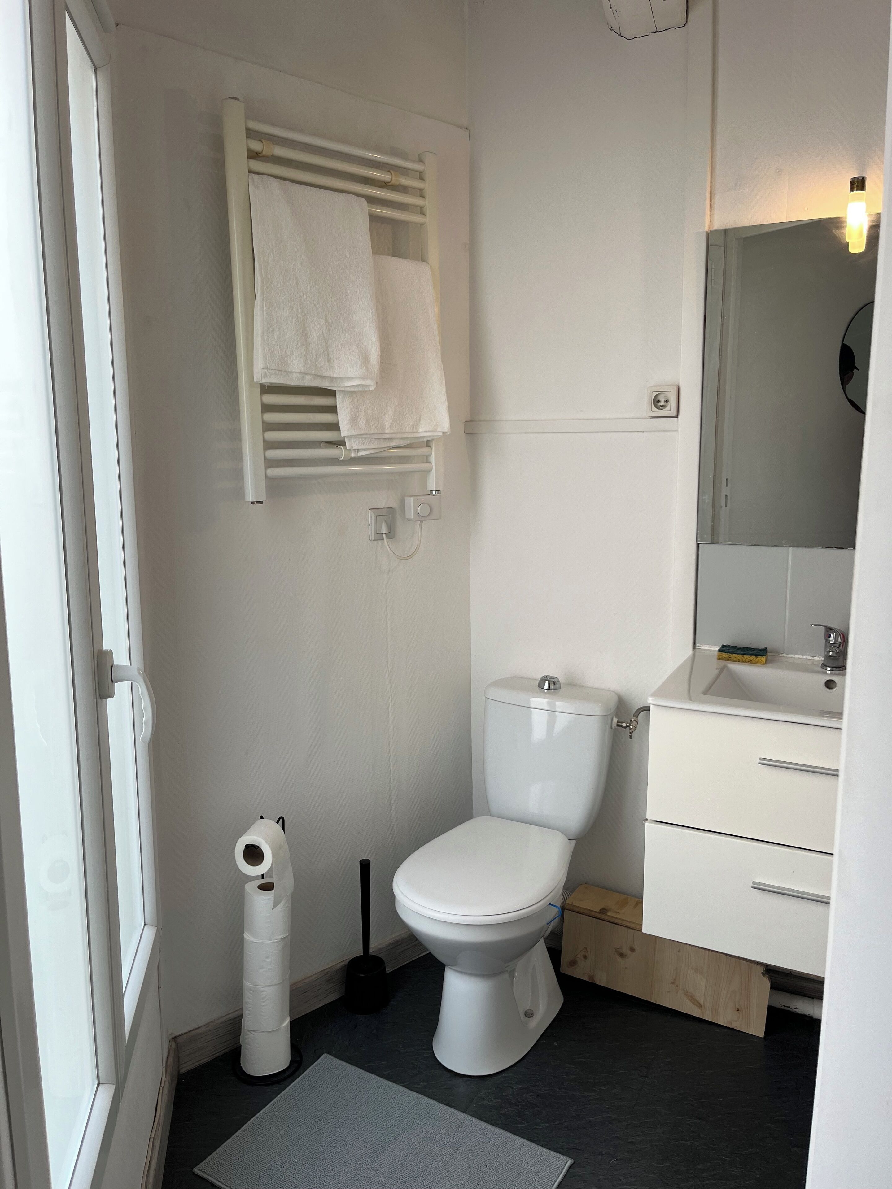 A bathroom with a toilet, a sink, a mirror, and a towel rack.