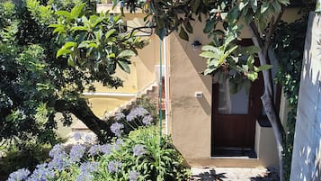 Un giardino con diverse piante e fiori, l'ingresso di un edificio e una scala che conduce all'ingresso.