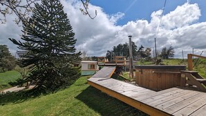 Une terrasse en bois avec une table de pique-nique, un petit bâtiment doté d’un toit végétalisé et un grand arbre dans une zone herbeuse.