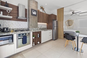 Fridge, microwave, oven, stovetop
