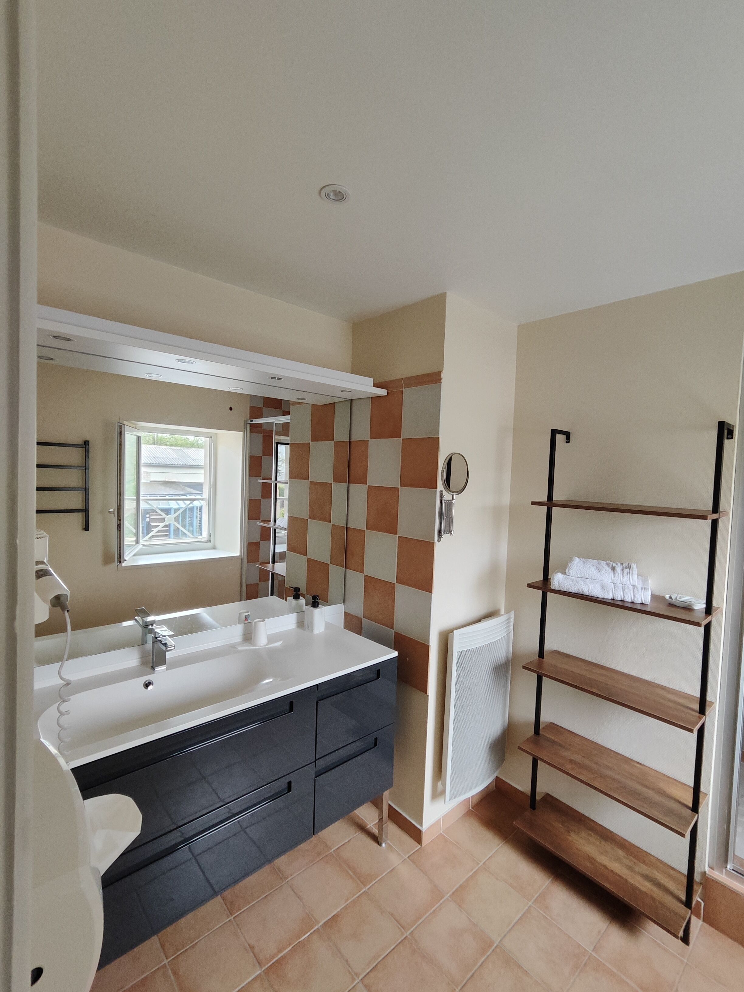 A bathroom with a white sink, dark cabinets, a mirror, and a towel rack.