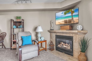 Smart TV, fireplace, DVD player