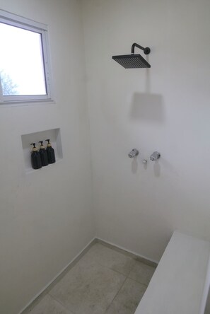 Ducha, secador de pelo, toallas, jabón