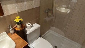 Une salle de bain avec des toilettes, un lavabo et une douche.