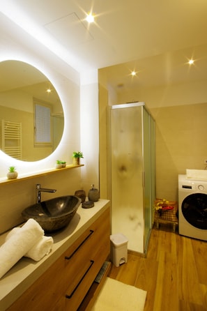 Shower, hair dryer, bidet, towels