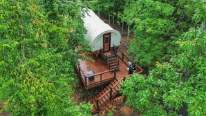 A covered wooden structure with a staircase leading to a door, surrounded by dense green foliage.
