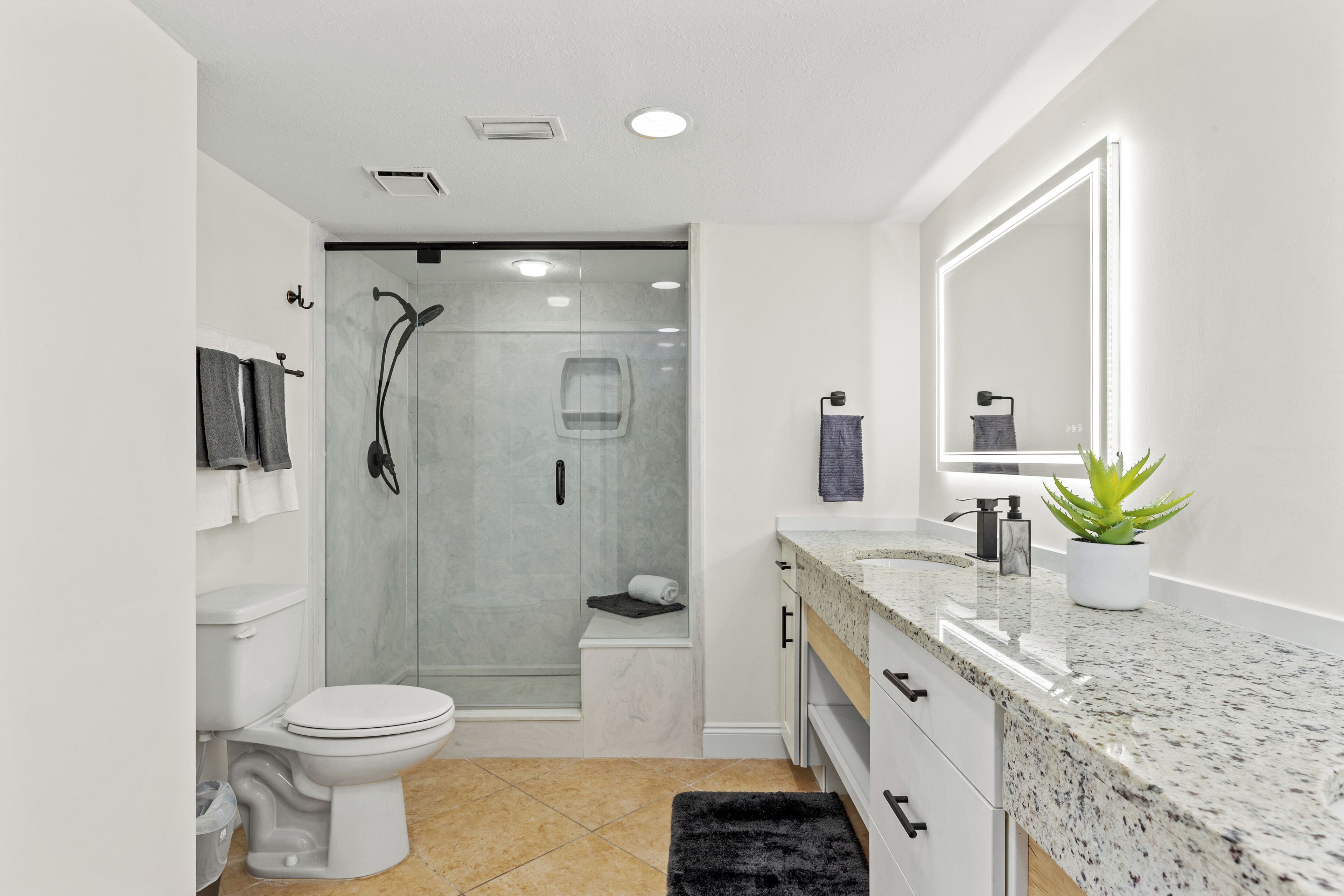 Une salle de bain moderne équipée de toilettes, d’une douche et d’un meuble-lavabo.