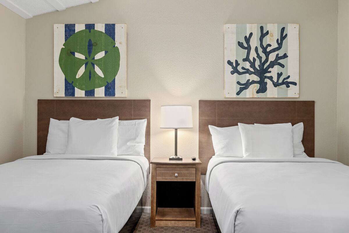 Habitación de hotel con dos camas, una mesita de noche con lámpara y dos cuadros en la pared.