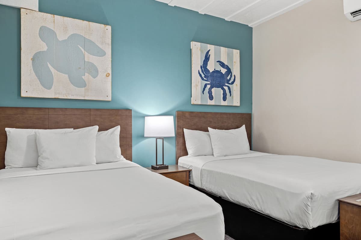 Habitación de hotel con dos camas, una mesita de noche con lámpara, y obras de arte que representan una tortuga y un cangrejo en las paredes.
