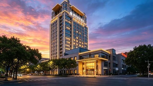 A modern hotel with a prominent tower and a ground-level building, surrounded by trees and a clear sky. - Hangzhou Fuyang Yaoyue International Hotel (Enbo Avenue) (Hangzhou)