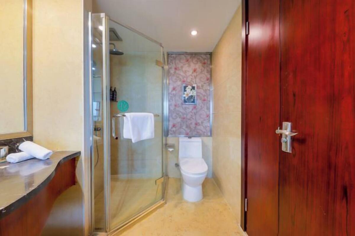 A bathroom with a glass shower enclosure, a toilet, and a wooden door.