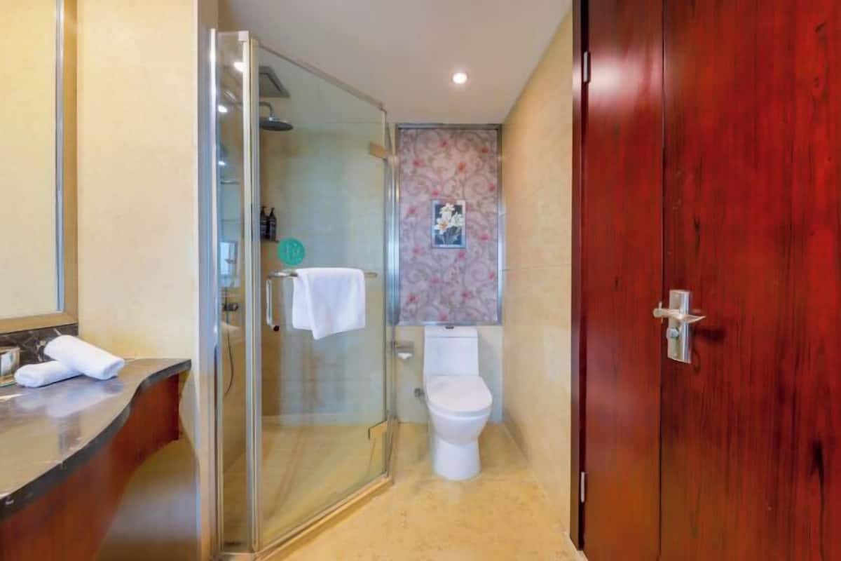 Ein Badezimmer mit Duschkabine aus Glas, Toilette und Holztür.