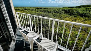 A balcony with white railings, overlooking a lush green landscape and the sea. - 2BR Condo w/ Ocean View, Pool & Tropical Setting (Tavernier)