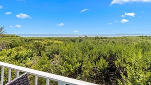 A view from a balcony overlooking a dense, green landscape with a clear sky and a distant island. - Family 2BR w/ Ocean View, Pool & Tropical Setting (Tavernier)